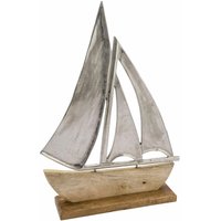 Spetebo - Alu Schiff mit Standfuß aus Mangoholz - klein / 20 cm - Maritimer Aufsteller Segelboot aus Metall und Holz - Küsten Deko Tisch Figur von SPETEBO