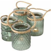 Glas Windlicht 9 cm transparent grün - 4er Set - Kerzenglas mit Kordel zum Hängen - Teelicht Kerzen Halter Tisch Deko Balkon Garten Wohnzimmer von SPETEBO