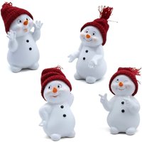 Kunststein Schneemann Figur 13 cm mit roter Strickmütze - 4er Set - Polyresin Dekofigur zum Hinstellen von SPETEBO