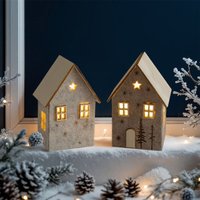 LED Filz Winterhaus mit Holzdach 2er Set inklusive Batterie - 10 x 7 cm - Deko Weihnachtsdorf warm weiß beleuchtet von SPETEBO