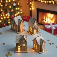 LED Holz Weihnachtshaus 10 cm zum Hängen inklusive Batterie - 4er Set - Deko Weihnachtsdorf mit Beleuchtung in warm weiß von SPETEBO