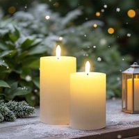 LED Stumpenkerze weiß geriffelt 2er Set für Außen mit Flammen Effekt - 12 / 10 cm - Künstliche Kerze warm weiß beleuchtet mit Timer von SPETEBO