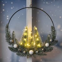 Led Metall Dekoring mit Tannen und Weihnachtskugeln - 30 cm - Weihnachts Deko Aufhänger warm weiß beleuchtet Batterie betrieben - Advent Winter Kranz von SPETEBO