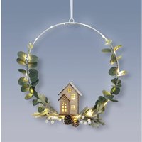 Led Metall Ring mit Häuschen aus Holz zum Aufhängen - 20 led / 30 cm - Weihnachten Winter Deko Aufhänger beleuchtet Batterie betrieben von SPETEBO