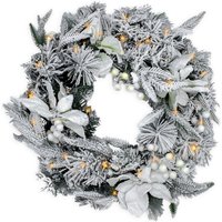 Led Tannenkranz mit Schnee und Blumen warm weiß beleuchtet - 51 cm mit 35 led - Weihnachtskranz Batterie betrieben mit Timer - Tischkranz Türkranz von SPETEBO