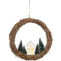 Led Weidenkranz mit Haus und Tannen Batterie betrieben - ø 30 cm - Deko Türkranz mit Beleuchtung in warm weiß - Weihnachtskranz Dekokranz Fensterdeko von SPETEBO