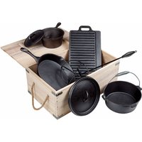 Spetebo - Dutch Ofen Set aus Gusseisen in Holzkiste - 9-teilig - Grill Gusspfanne Grillpfanne Töpfe Guss bereits eingebrannt Spetebo - Dutch Ofen Set aus Gusseisen in Holzkiste - 9-teilig - Grill Gusspfanne Grillpfanne Töpfe Guss bereits eingebrannt von SPETEBO