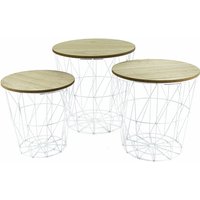 Spetebo - Metall Beistelltisch mit Stauraum weiß/helle Platten - 3er Set - Wohnzimmer Tisch mit Abnehmbarer Holz Platte Metallkorb Couchtisch von SPETEBO