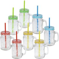 Spetebo - Trinkglas mit Deckel und Strohhalm - 8er Set / je 480 ml - Wasserglas Saftglas Henkelglas Vintage Retro von SPETEBO