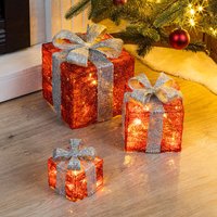 Led Geschenkboxen mit Timer 3er Set - rot / grau - Weihnachts Dekoboxen warm weiß beleuchtet - Weihnachten Advent Winter Christbaum Deko Beleuchtung von SPETEBO