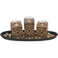 Teelichthalter Dekoset 8-teilig mit Tablett - schwarz / gold - Tischdeko Set inklusive Steine - Kerzen Tablett Teelicht Halter Tisch Deko Landhaus von SPETEBO