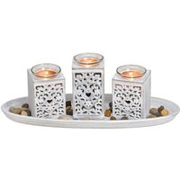 Teelichthalter Dekoset 8-teilig mit Tablett - shabby weiß - Tischdeko Set inklusive Steine - Kerzen Tablett Teelicht Halter Tisch Deko Landhaus von SPETEBO