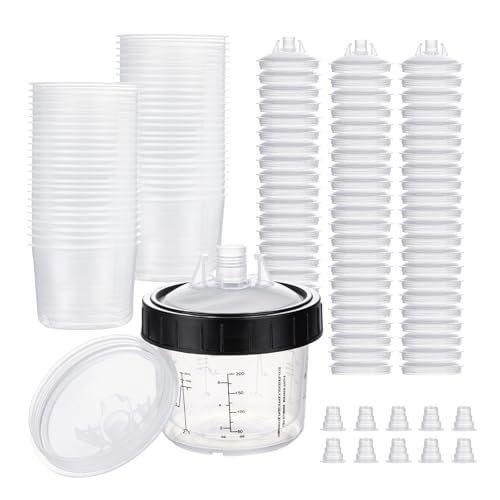 SPFAST Einweg-Farbbecher für HVLP und LVLP Farbspritzpistole, 200 ml, Set mit 50 Bechern und Deckelsystem, 1 Hartbecher mit Haltering und 20 Dübeln von SPFAST