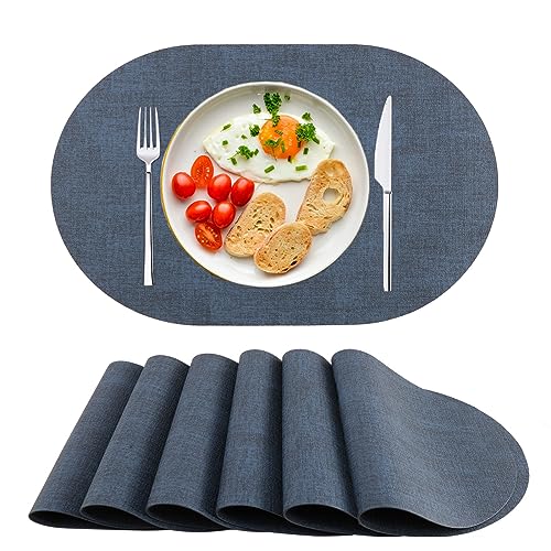 Platzsets Abwaschbar Tischsets 6er Set PU-Leder, Hitzebeständig, rutschfest, Platzset für Esstisch, Küche Oval Dunkel Blau von SPFASZEIV