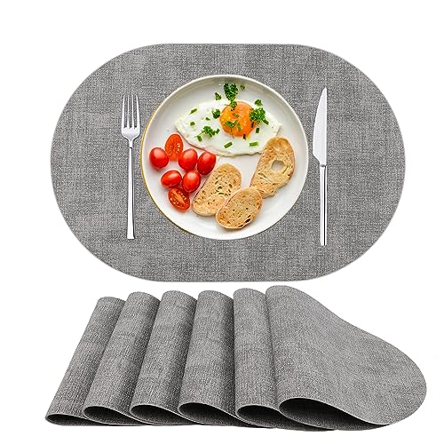 Platzsets Abwaschbar Tischsets 6er Set PU-Leder, Hitzebeständig, rutschfest, Platzset für Esstisch, Küche Oval Grau von SPFASZEIV