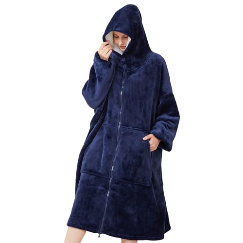 SPFASZEIV Tragbarer Hoodie Decke Damen Sherpa Übergroße Sweatshirt Kuscheldecke mit Ärmeln Tasche Kapuze für Erwachsene Herren Frauen Blau von SPFASZEIV
