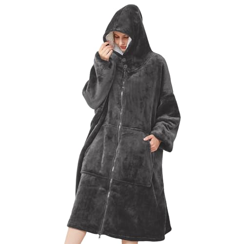 SPFASZEIV Tragbarer Hoodie Decke Damen Sherpa Übergroße Sweatshirt Kuscheldecke mit Ärmeln Tasche Kapuze für Erwachsene Herren Frauen Dunkelgrau von SPFASZEIV