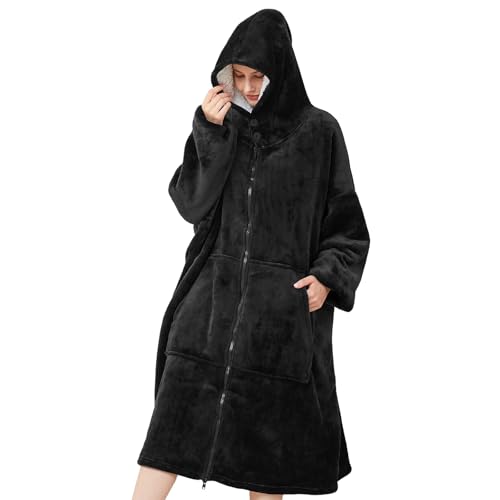 SPFASZEIV Tragbarer Hoodie Decke Damen Sherpa Übergroße Sweatshirt Kuscheldecke mit Ärmeln Tasche Kapuze für Erwachsene Herren Frauen Schwarz von SPFASZEIV