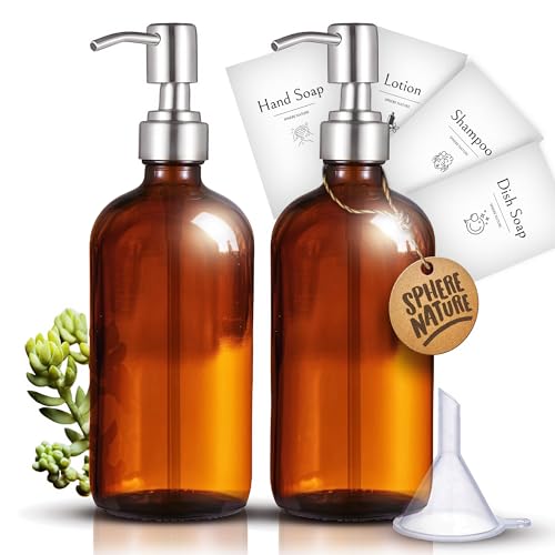 Glas Seifenspender Flasche Bernsteinfarben + 4 wasserfeste Etiketten | 2er-Set | Edelstahlkappe | 500 ML | Seifenspender Gel, Shampoo, ätherisches Öl, Lotion | Hohe Qualität | Recycelbar | BPA-frei Glas Seifenspender Flasche Bernsteinfarben + 4 wasserfeste Etiketten | 2er-Set | Edelstahlkappe | 500 ML | Seifenspender Gel, Shampoo, ätherisches Öl, Lotion | Hohe Qualität | Recycelbar | BPA-frei von SPHERE NATURE