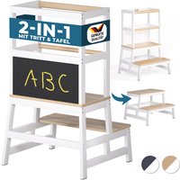 Spielwerk - Lernturm ab 2 Jahren Kinder mit Tafel 100kg Belastbar 93cm Hoch Montessori Learning Tower Trittschemel Kiefer Lernstuhl 2in1 Tritthocker von SPIELWERK