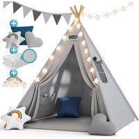 Kindertipi Spielzelt Baumwolle Kinderzelt 130x130x160cm Bodenmatte Girlande Lichterkette 3 Kissen Holz Stabilisierung Tragetasche blau - Spielwerk von SPIELWERK