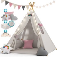 Kindertipi Spielzelt Baumwolle Kinderzelt 130x130x160cm Bodenmatte Girlande Lichterkette 3 Kissen Holz Stabilisierung Tragetasche rosa - Spielwerk von SPIELWERK