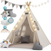 Kindertipi Spielzelt Baumwolle Kinderzelt 130x130x160cm Bodenmatte Girlande Lichterkette 3 Kissen Holz Stabilisierung Tragetasche weiß - Spielwerk von SPIELWERK