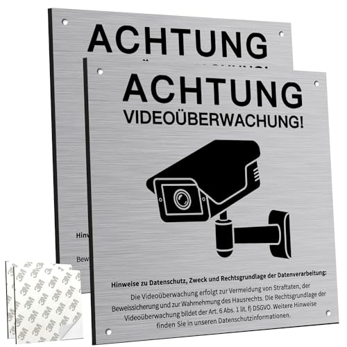 2 Stück Videoüberwachung Schild für Privatgrundstück - Achtung Kameraüberwachung - 15x15cm Aluminium, Selbstklebend Mit 4 Bohrlöchern - Warnschild von SPINNE LUCAS