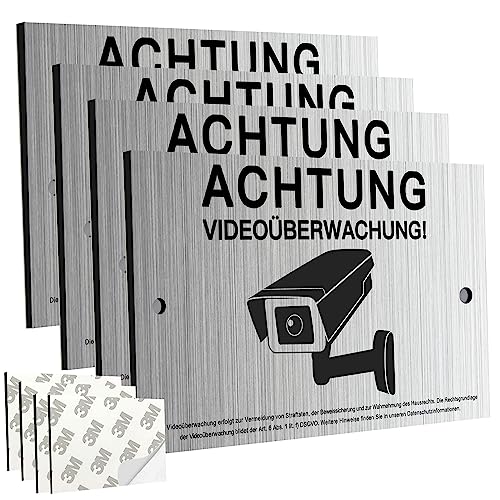 4 Stücke Schild Videoüberwachung Privatgrundstück mit DSGVO Hinweis, 20x12cm Achtung VideoüBerwachung Schild, für ÜBerwachungskamera Oder Kamera Attrappe Innen AußEn(Aluminiumverbund) von SPINNE LUCAS