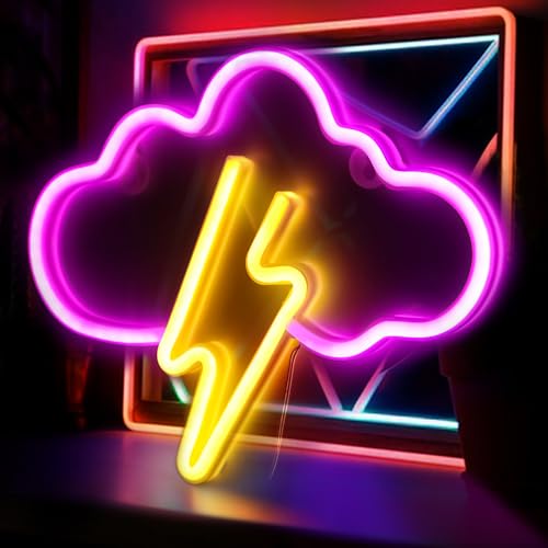 Rosa Wolke und Gelb Blitz Neon Schild, Neon Sign, LED Deko, Gaming Deko, Gaming LED, LED Schild, Gaming Zimmer Deko, Neon Light, LED Gaming, LED Sign, Leuchtschild (USB und Batteriebetrieben) von SPINNE LUCAS