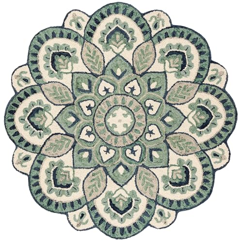 SPIRIT OF ART H - SMNOV604M handgefertigter runder Wollteppich, 1,8 x 1,8 m, elfenbeinfarbenes und blaues Boho-Blumendesign, rustikaler Landhausstil, strapazierfähige Naturwolle, ideal für von SPIRIT OF ART