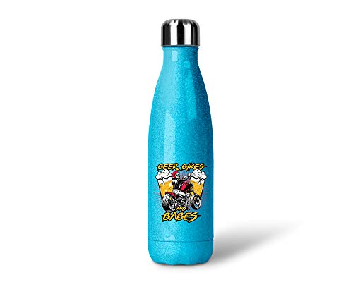 SPIRITSHIRTSHOP Bier, Bikes und Babes | Glitzerflasche Trinkflasche Thermoflasche Glitzer Geschenk aus Edelstahl | 500 ml von SPIRITSHIRTSHOP