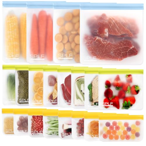 SPLF 20 Stück BPA-freie, wiederverwendbare Gefrierbeutel, spülmaschinenfest, wiederverwendbare Druckverschlussbeutel (12,7 l + 8 Sandwich + 8 Snacks), auslaufsicher, Silikon- und plastikfrei, für von SPLF