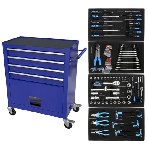 SPOFLYINN Werkzeugkiste mit 4 Schubladen, Rollwagen auf Rollen für Mechaniker, Metall, Werkzeugkasten, Aufbewahrungsschränke für Garage, Blau von SPOFLYINN