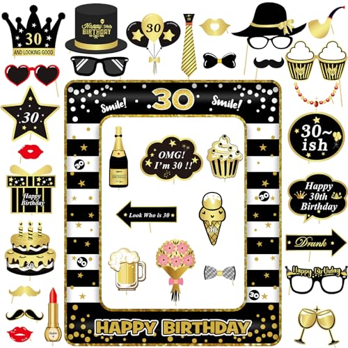 34 Stück Fotobox Accessoires, 30 Geburtstag Deko, Party Zubehör, Tischdeko Geburtstag und 1 Aufblasbarer Fotorahmen für 30 Geburtstag Mädchen und Junge, Vielfalt Party Deko Geburtstag Hochzeiten (30) von SPOKKI