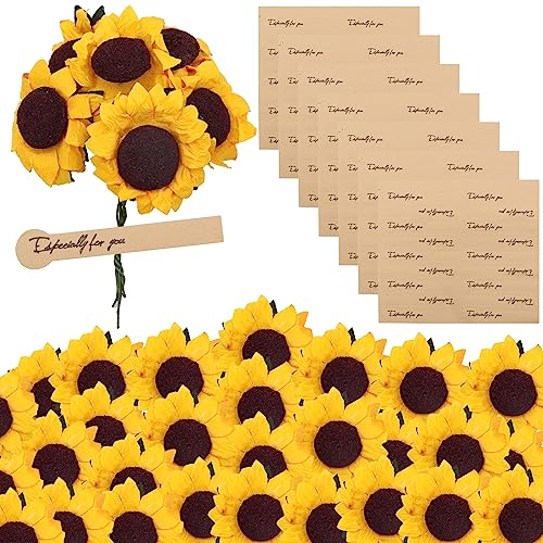 SPOKKI 120 Stück kleine künstliche Sonnenblumen mit Stiel zur Dekoration, 126 Stück selbstklebende Etiketten, kleine gefälschte Sonnenblumen, für Dekorationen, Gastgeschenke, Party, Basteln von SPOKKI