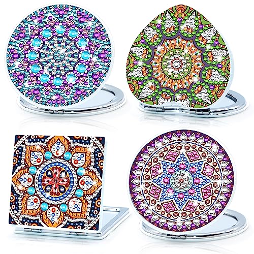 SPOKKI 4 Stück Diamant-Malerei-Kompaktspiegel, DIY-Taschenspiegel mit Mandala-Diamantmalerei-Abdeckung – faltbares Geldbörsen-Design, tragbarer Vergrößerungsspiegel für Frauen Mädchen Kinder von SPOKKI