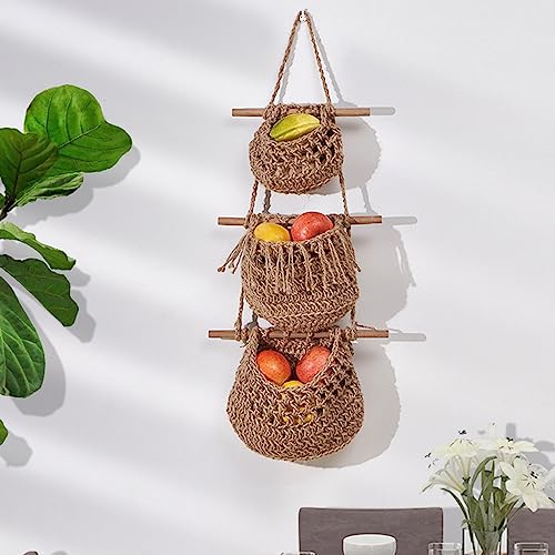 3 Schichten Obst Hängekorb Wand Dekorative Aufbewahrungskorb Handgemachte gewebte Jute Wandbehang Korb Hängende Obstkorb Braun von SPORTARC