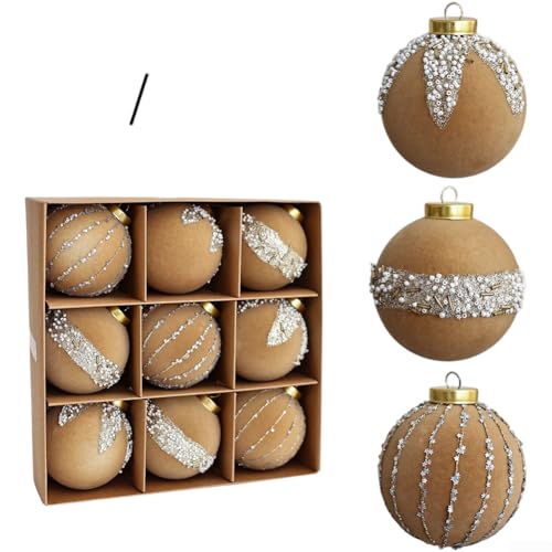 68 cm Samtkugel Weihnachtsschmuck mit handbemaltem Design und beflockter Textur für Baum und Feiertage, zum Aufhängen (8 cm, Beige) von SPORTARC