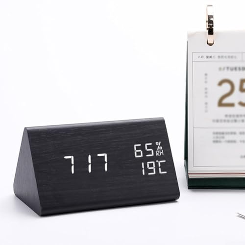 Holz Dreieck Wecker Digital Temperatur und Luftfeuchtigkeit Wecker LED Holz Elektronische Uhr für Zuhause Schlafzimmer (Schwarz) von SPORTARC