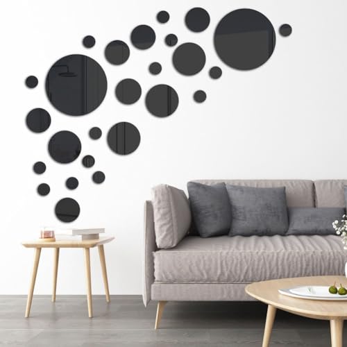 Home Room DIY Decor with 26 Removable 3D Mirror Wall Stickers Lightweight Acrylic Circle Mural Art (Black) von SPORTARC