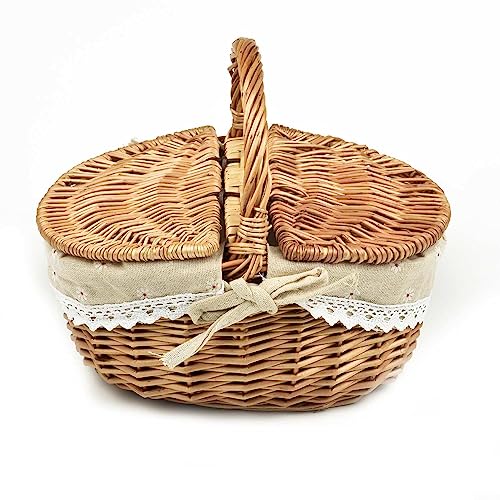 Picknickkorb, Einkaufskorb, Handgemachter Weidenkorb mit Griff, Weidenkorb Rattan Pastoral mit Deckel Oval von SPORTARC