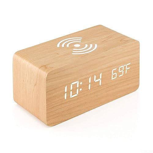 SPORTARC Intelligente LED Holz Digital Elektronische Wecker, Wireless Charging Digital Holz Uhr für Schlafzimmer Nachttisch Büro Schreibtisch, A von SPORTARC