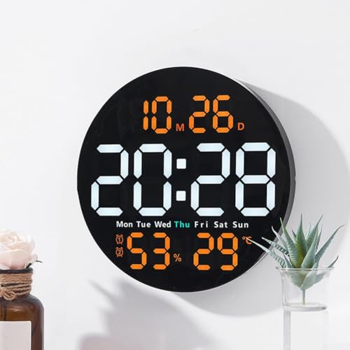 SPORTARC Multifunktionale Wanduhr mit Temperatur- und Feuchtigkeitsanzeige, Temperatur- und Hygrometer-Uhr, LED-Digital-Wanduhr mit Wecker, 25,4 cm, Orange von SPORTARC