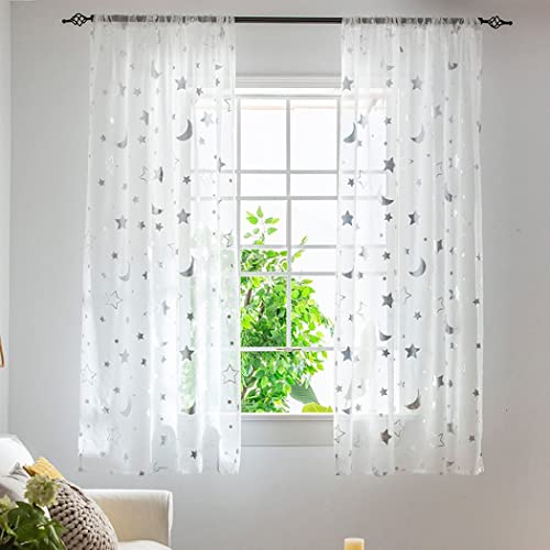 SPORTARC Voile Gardinen Vorhang halbtransparent mit Ösen in Leinenoptik Stores Gardinen Schals für Wohnzimmer Schlafzimmer Kinderzimmer, Mond und die Sterne, 1 x 1,3 m, 1er Set von SPORTARC