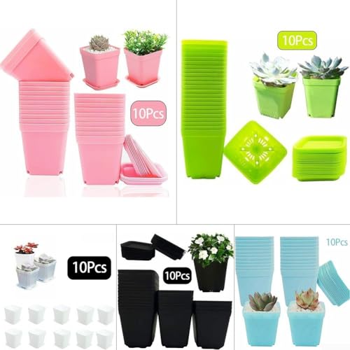 Sammlung von 10 quadratischen Blumentöpfen aus Kunststoff mit Abflusslöchern und abnehmbaren Tabletts, für den Start und die Pflege kleiner Pflanzen, leichtes und wiederverwendbares Design (blau) von SPORTARC