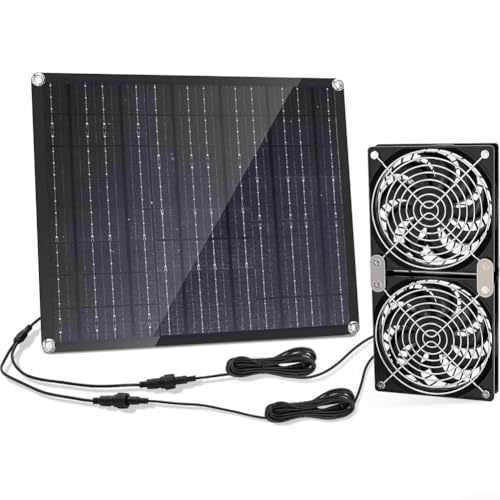 Solarbetriebenes Doppelventilator-Set, 30 W Solarventilator-Kit mit zwei wasserdichten IPX7-Ventilatoren, Metall-Schutznetz für Hühnerhäuser, Gewächshäuser, Schuppen von SPORTARC