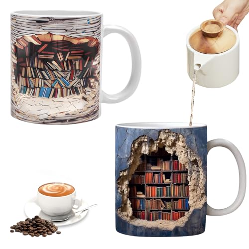 SPORWAY 3D Bücherregal Tasse Kaffeetasse, 2 Stück Keramik Kaffeegläser 3D Bücherregalbecher, 300ML Kaffeebecher Mehrzweck Keramikbecher für Kreatives Geschenk von SPORWAY