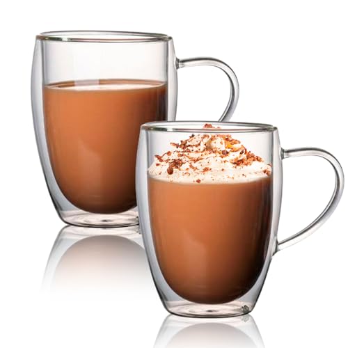 SPORWAY Doppelwandige Kaffeegläser 350ml, 2 Stück Cappuccinotassen Latte Macchiato Gläser Kaffeebecher, Teegläser mit Henkel Kaffeetassen Doppelwandgläser - Spülmaschinengeeignet von SPORWAY