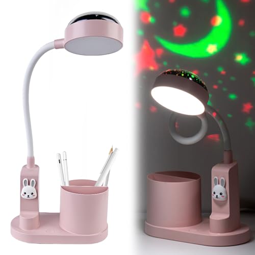 SPORWAY Leselampe Schreibtischlampe Kinder LED: 3 In 1 Tischlampe Nachtlicht mit Stifthalter und Sternprojektion, 3 Modus Dimmbare Schreibtisch Lampe für Arbeiten Kinderzimmer (Rosa) von SPORWAY